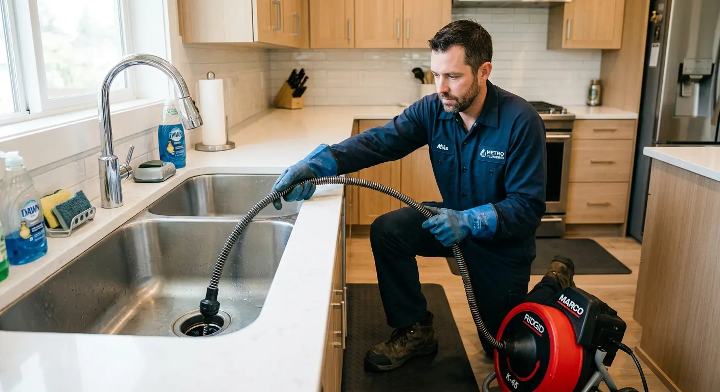 Drain cleaning technician using a motorized snake on a kitchen sink in Luzerne
