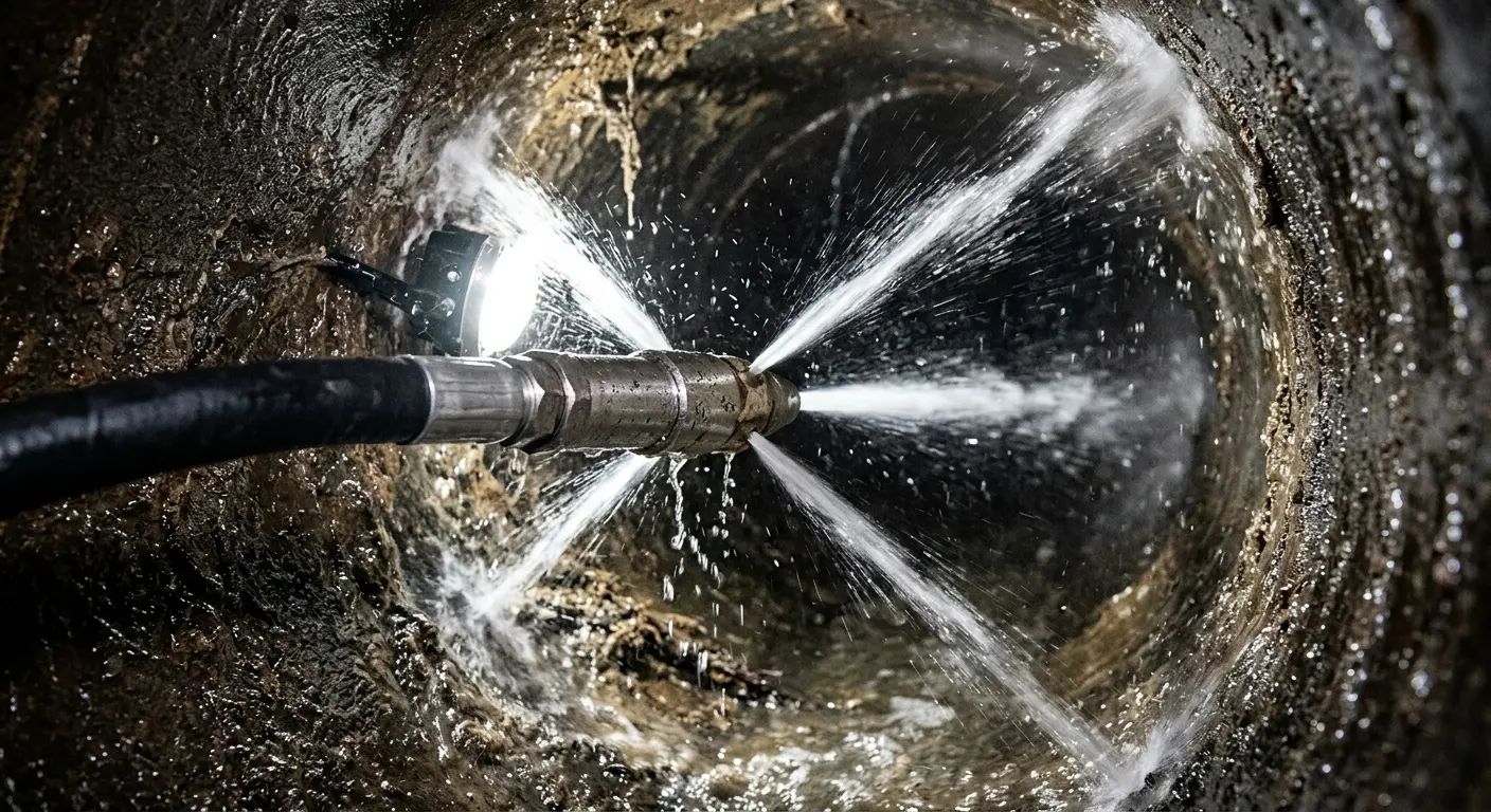 High-pressure hydro jetting nozzle cleaning sewer pipe for Emergency Drain Service in Luzerne