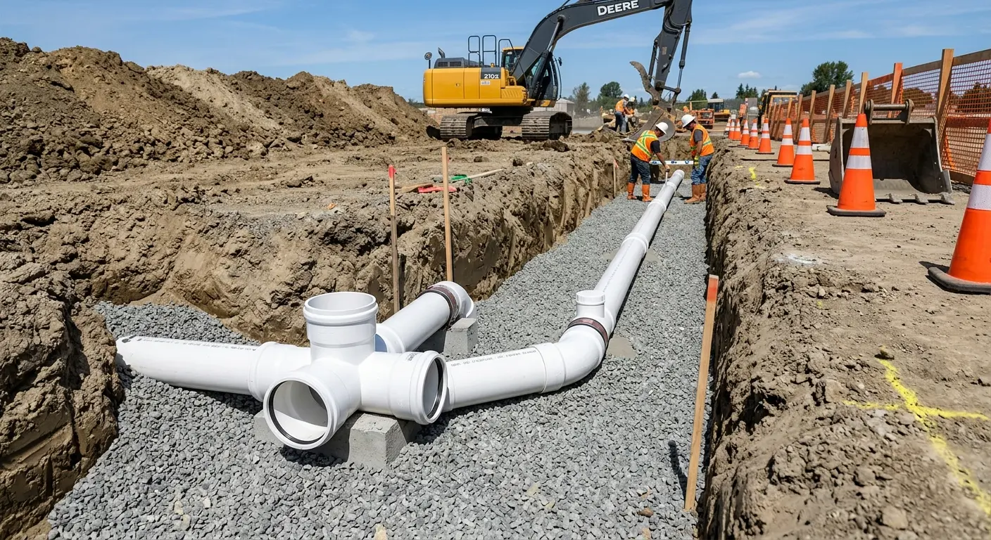 New PVC sewer pipe installation in open trench for Sewer Backup in Luzerne