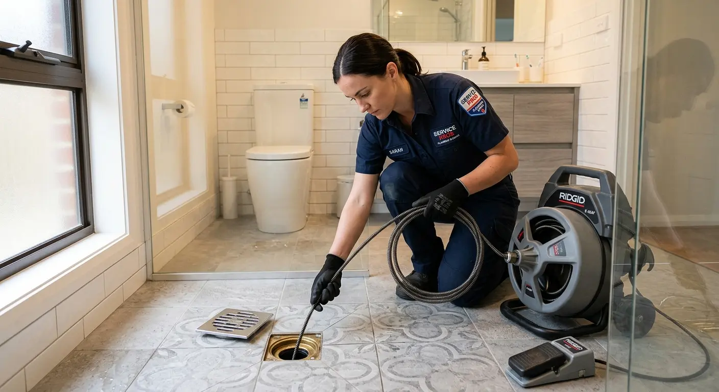 Technician clearing a bathroom floor drain for Drain Cleaning in Luzerne